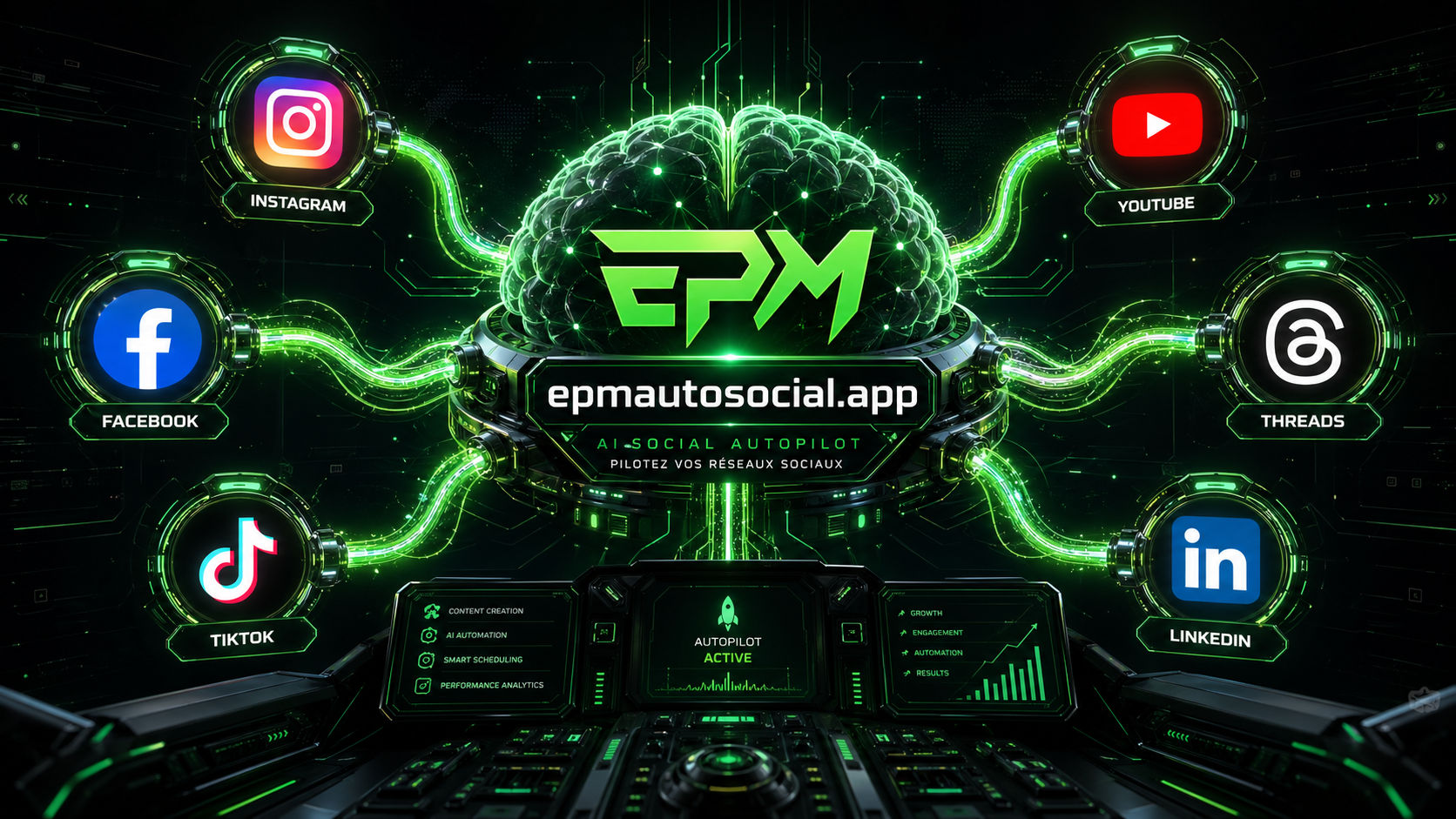 EPM Auto Social — Cerveau IA connecté à Instagram, Facebook, TikTok, YouTube, Threads et LinkedIn via des circuits verts lumineux